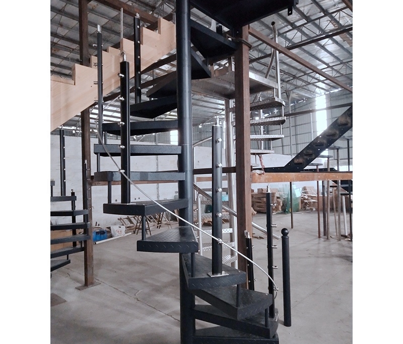 factory picutre-steel spiral staircase with wooden treads iron railing