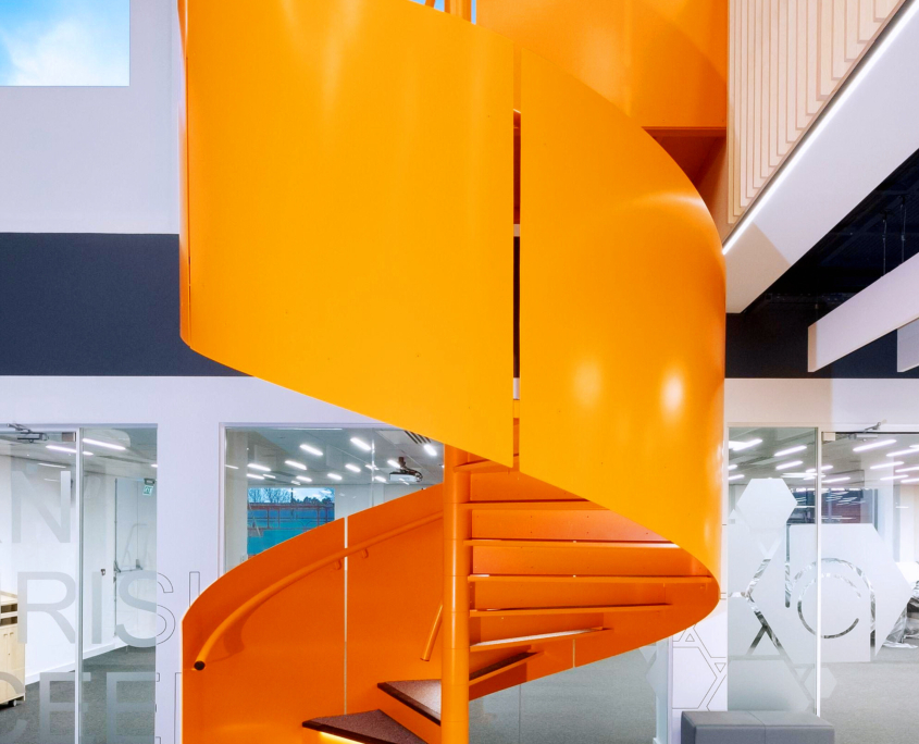 Prefab spiral staircase with sided steel plate railing